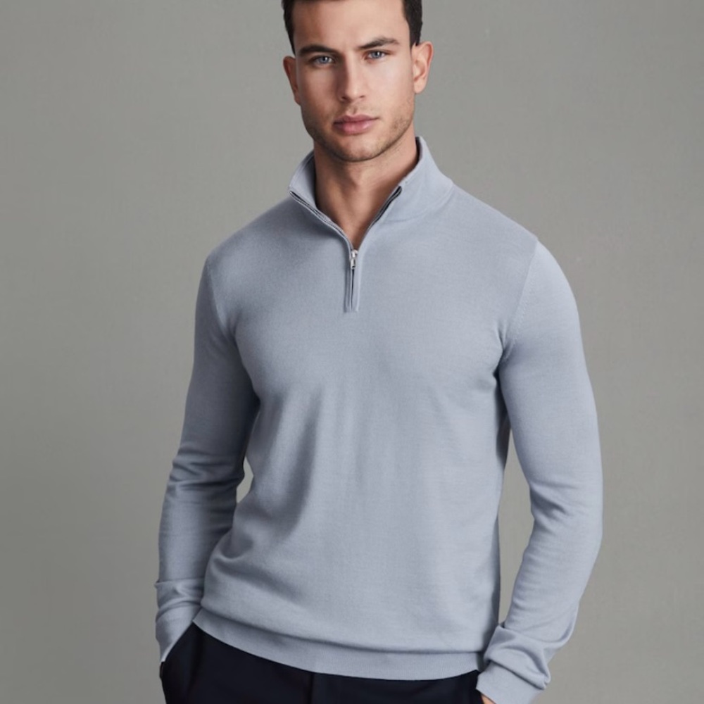 Reiss Blackhall China Blue Merino Wool Half-Zip Funnel Neck Jumper Sweater Sz S